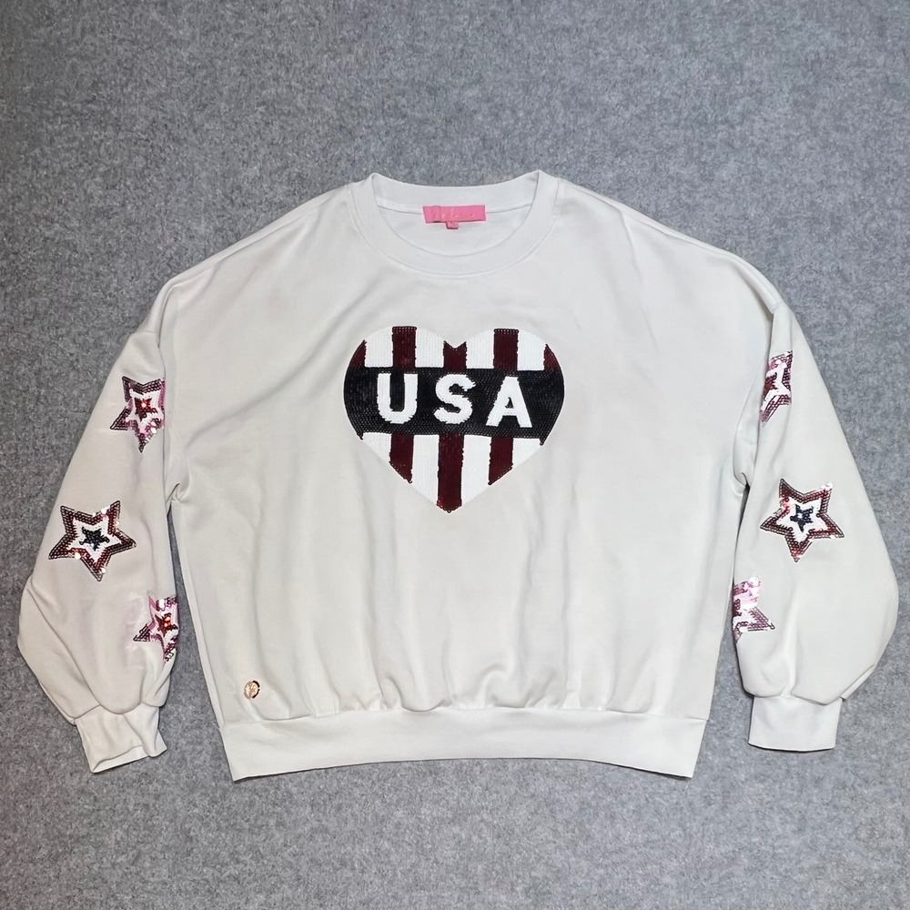 Simply Southern USA Heart Sequin Sweatshirt Womens White Stars Patriotic XL